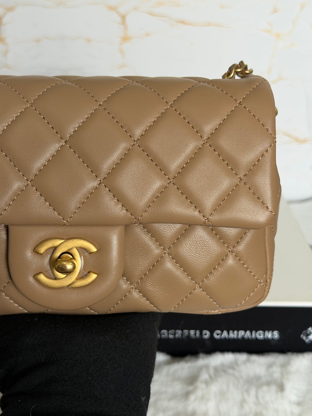 CHANEL 22B Taupe Dark Beige Lambskin Aged GHW Pearl Crush Adjustable Chain Mini Rectangular Flap Bag 2022