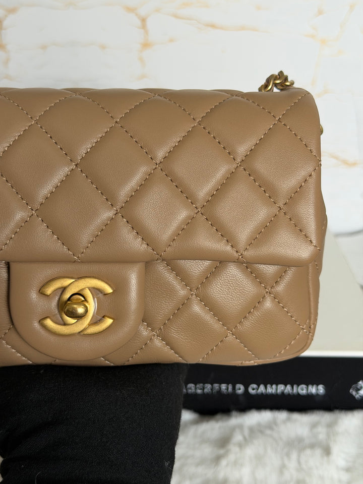 CHANEL 22B Taupe Dark Beige Lambskin Aged GHW Pearl Crush Adjustable Chain Mini Rectangular Flap Bag 2022