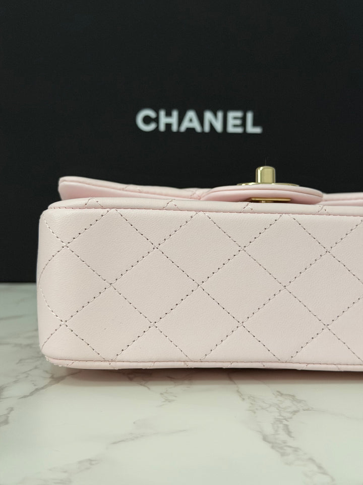 CHANEL 22P 2022 Sakura Light Pink Lambskin LGHW Mini Rectangular Flap Bag with Top Handle