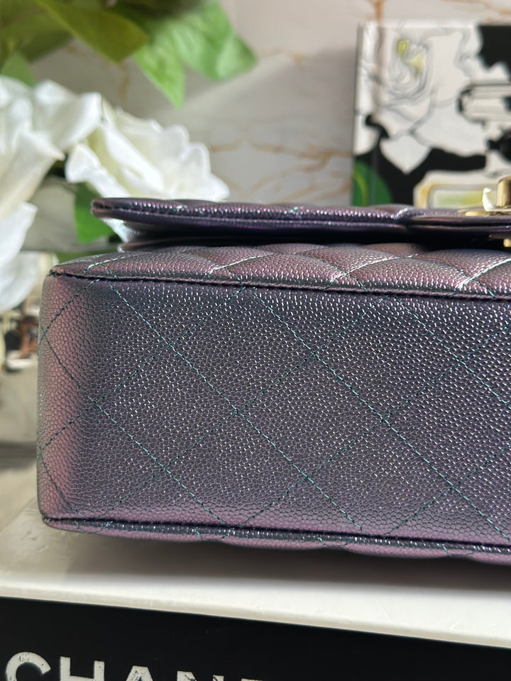 Chanel 22P Iridescent Purple Caviar LGHW Medium ML Timeless Classic Double Flap Bag