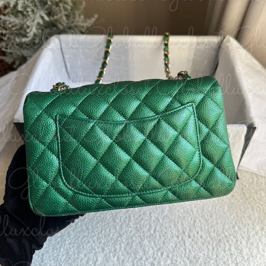 CHANEL 18S Series 25 Emerald Green Caviar LGHW Mini rectangular flap bag 2018 RARE UNICORN FIND