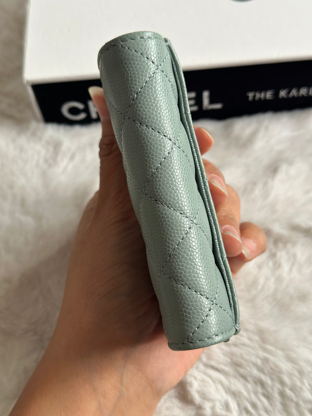Chanel Sage caviar LGHW Classic Flap Snap Card Holder