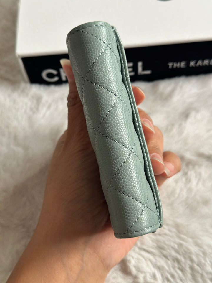 Chanel Sage caviar LGHW Classic Flap Snap Card Holder