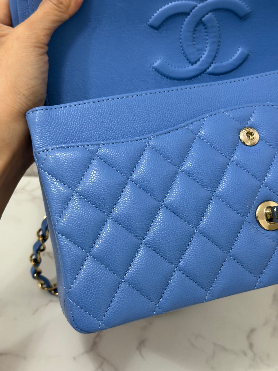 CHANEL 25C 2025 Periwinkle Blue Caviar LGHW Medium ML Timeless Classic Double Flap Bag