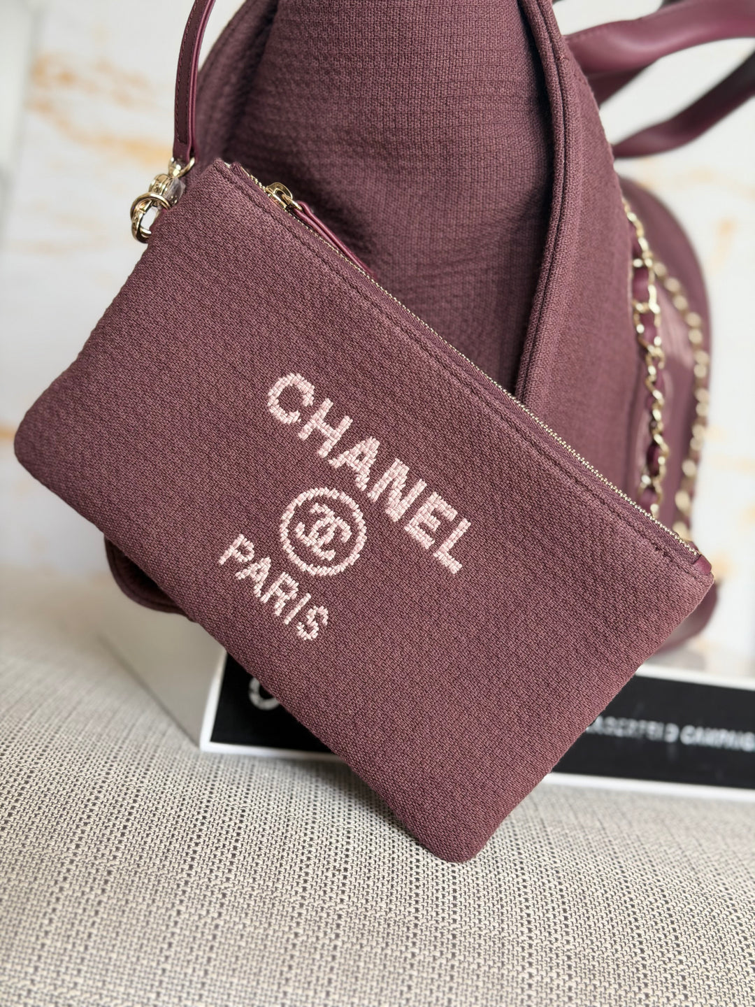 Chanel Burgundy Tweed Deauville Tote with Leather top handle size SMALL 13 inches 2024