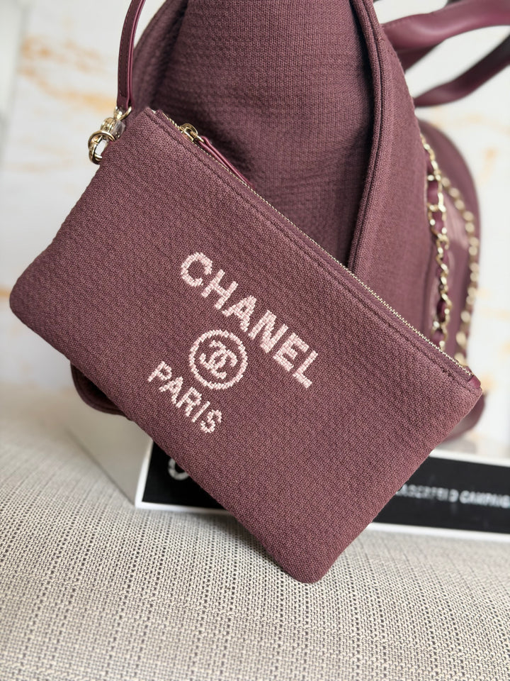 Chanel Burgundy Tweed Deauville Tote with Leather top handle size SMALL 13 inches 2024