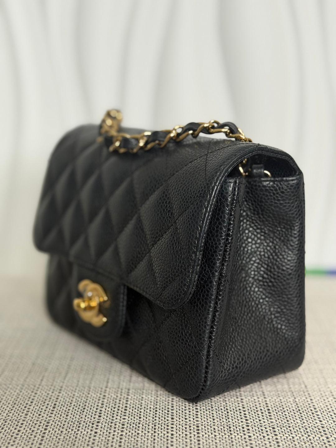 CHANEL series 13 Black Caviar GHW Vintage Square Mini Flap Bag with Edge stitching