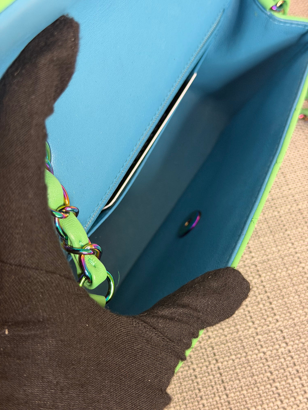 CHANEL series 31 21P Two Tone Green Blue Lambskin Rainbow Iridescent Hardware Mini Rectangular Flap Bag 2021