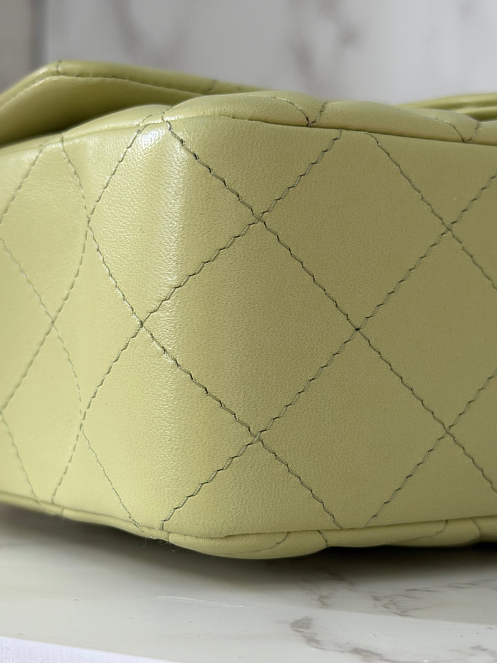 CHANEL 23C Collection 2022/2023 Cruise Pistachio Green Lambskin Mini Rectangular Flap Bag with Champagne GHW