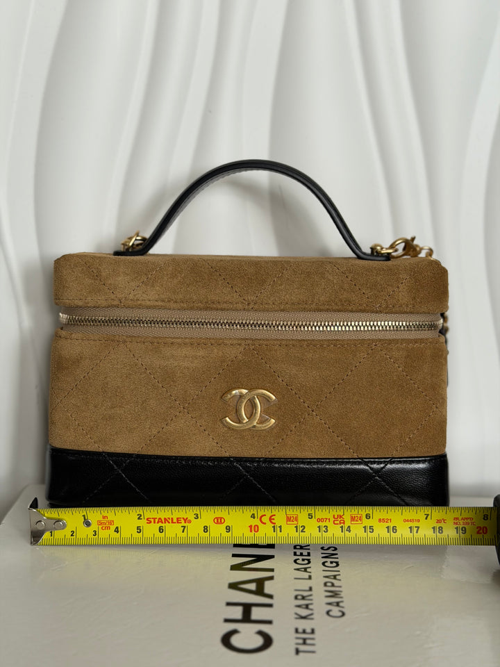 CHANEL 26S Beige Suede Black Calf skin aged GHW Long Vanity Case with Detachable Chain and top handle 2026