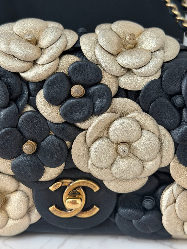 CHANEL series 21 Black Metallic Gold Camellia Flower Lambskin Mini Rectangular Flap Bag with Vintage GHW