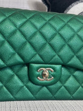 Load image into Gallery viewer, Chanel series 25 18S 2018 Spring/Summer Collection Pearly Emerald Green Caviar Champagne GHW Jumbo Timeless Classic Double Flap Bag
