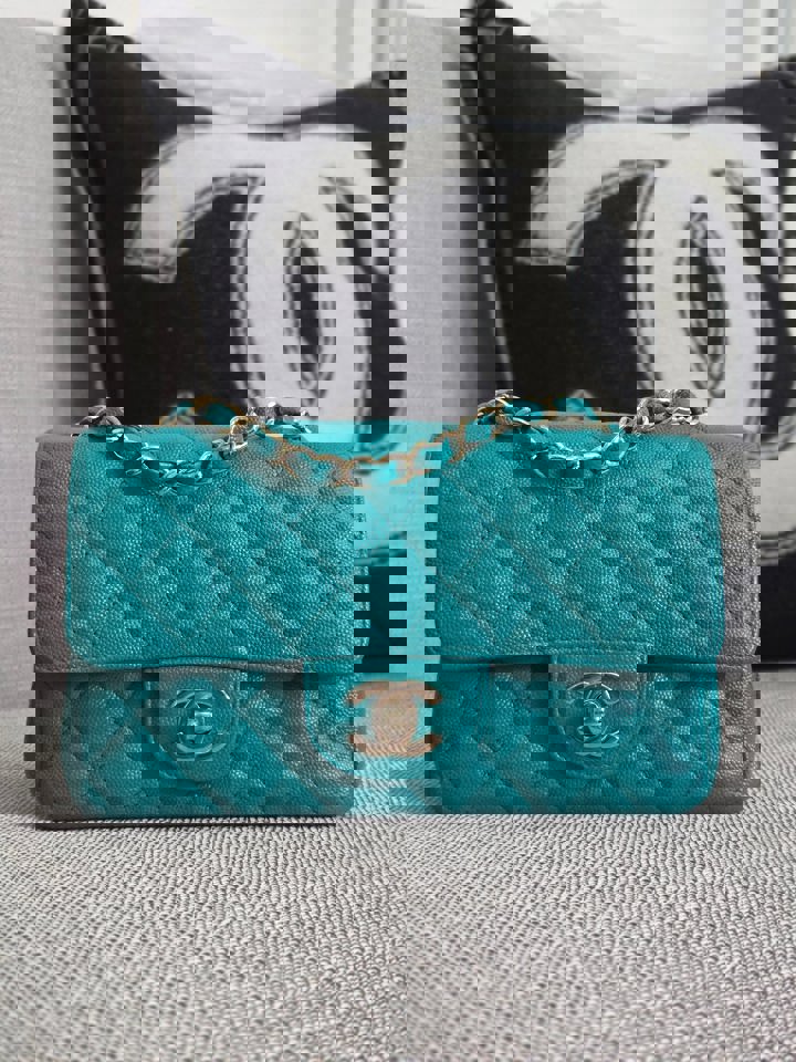Chanel series 23 17C 2016/2017 Cruise Collection Turquoise Caviar Champagne GHW Classic Mini Rectangular Flap Bag with Edge stitching