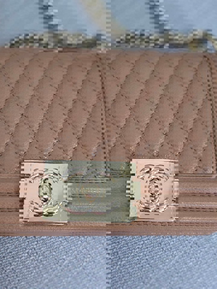 Chanel 21K 2021 Fall/Winter Collection Caramel Brown Caviar shiny champagne GHW Small Le Boy Flap Bag
