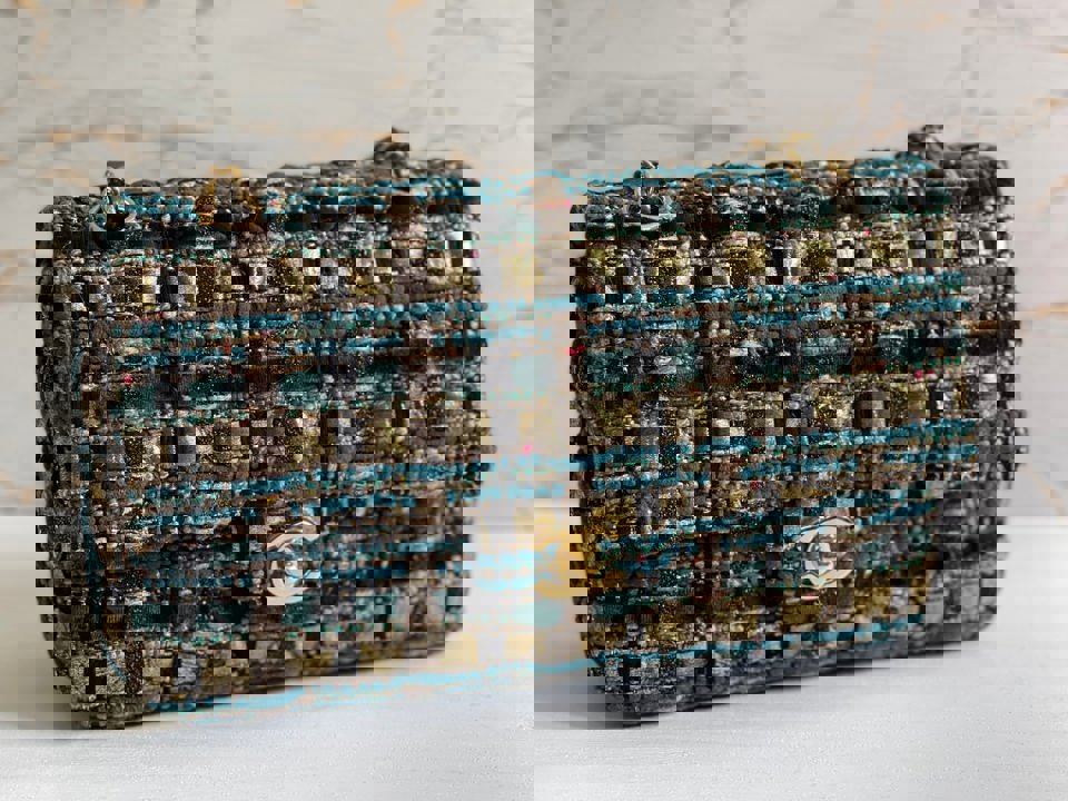 Chanel Turquoise Gold Tweed Classic Medium ML double flap bag from 19A collection Ancient Egypt