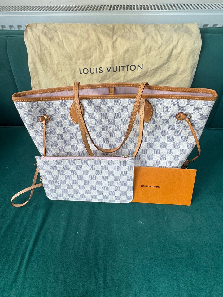 LOUIS VUITTON Neverfull MM Tote Bag in Damier Azur with Rose Ballerine lining