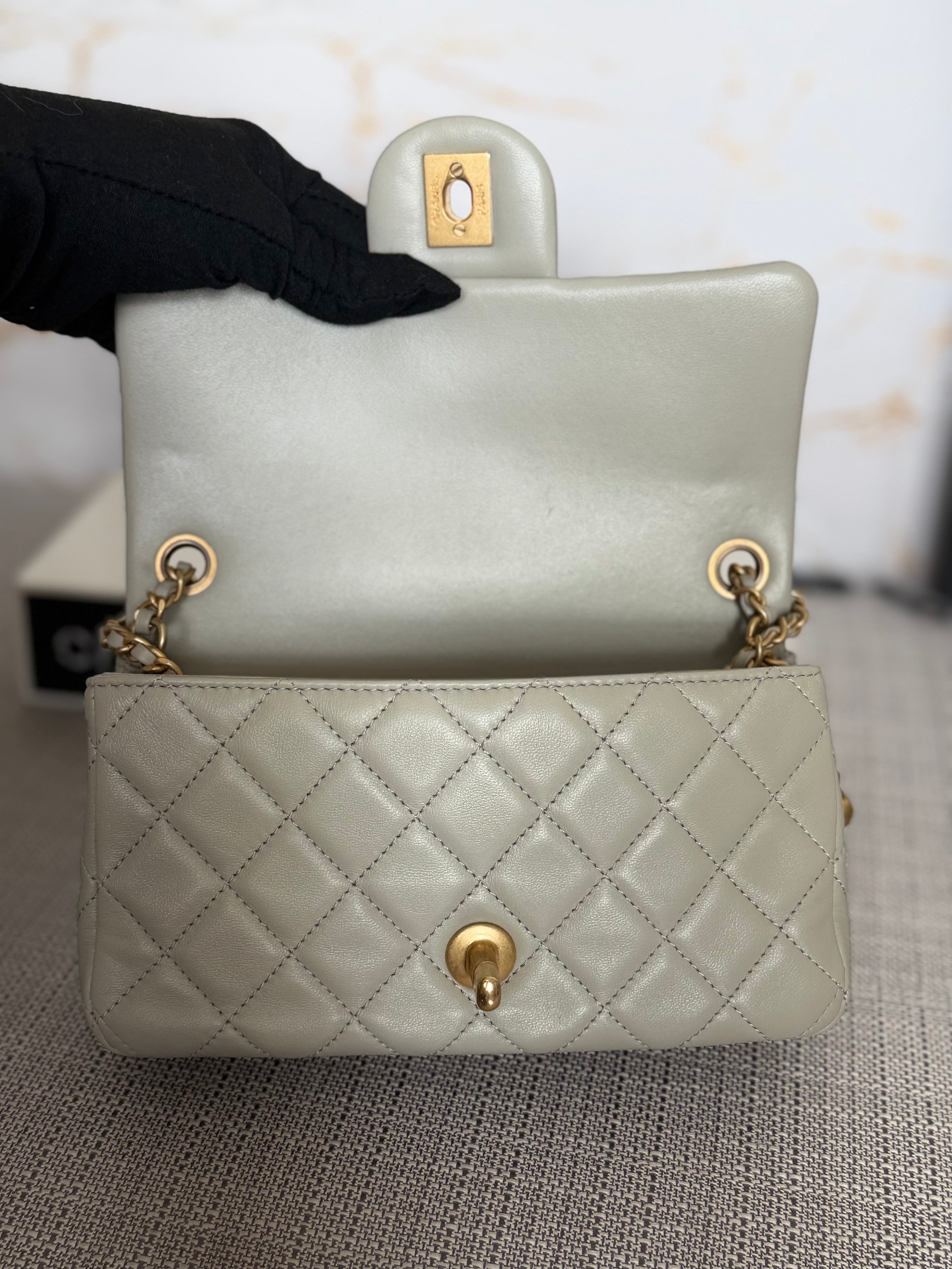 CHANEL Grey Lambskin Aged GHW Pearl Crush Adjustable Chain Mini
