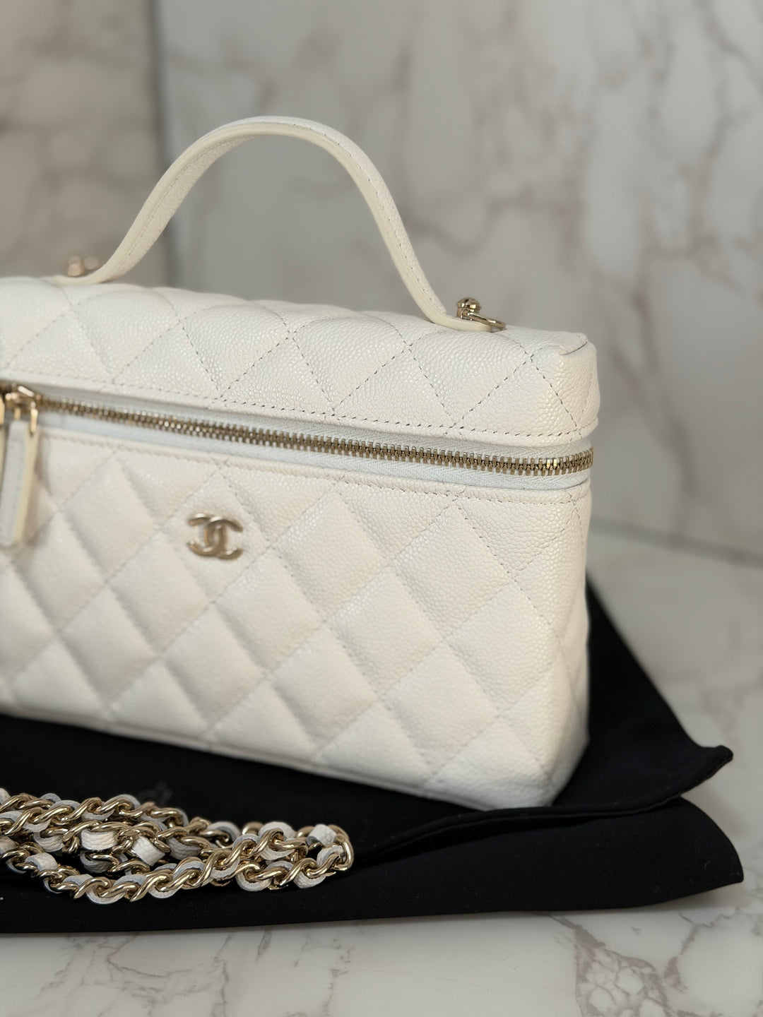 CHANEL 26C White Caviar LGHW Long Vanity with Detachable Chain