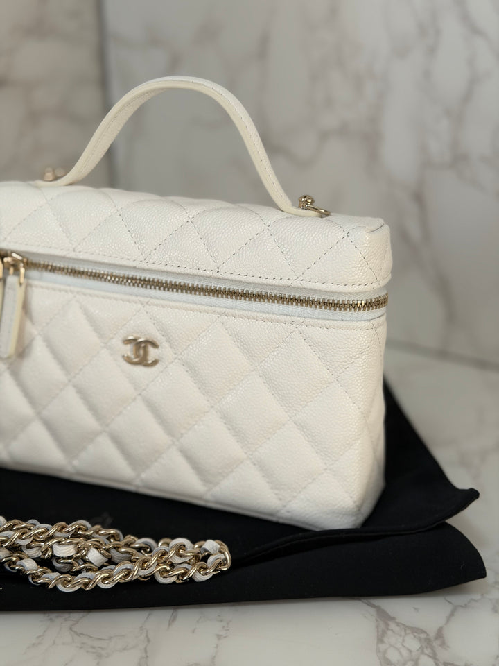 CHANEL 26C White Caviar LGHW Long Vanity with Detachable Chain