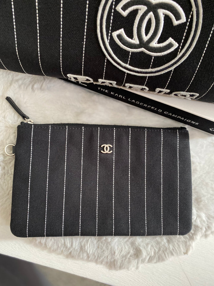 Chanel 23P 2023 collection in Black/White Stripe Canvas Deauville Tote with Top Handle and detachable pouch size Medium (15 inches)