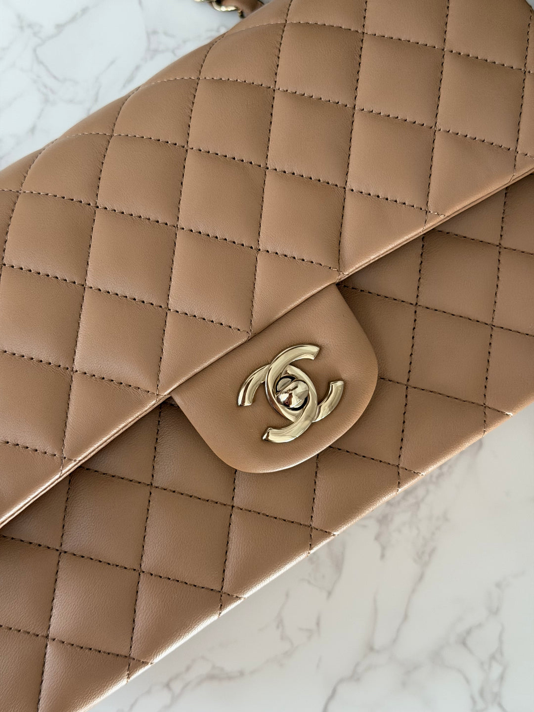 CHANEL 22K 2022 Dark Beige Lambskin LGHW Medium ML Timeless Classic Double Flap Bag