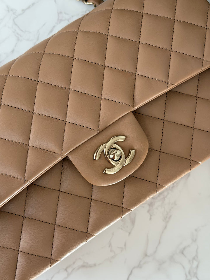 CHANEL 22K 2022 Dark Beige Lambskin LGHW Medium ML Timeless Classic Double Flap Bag