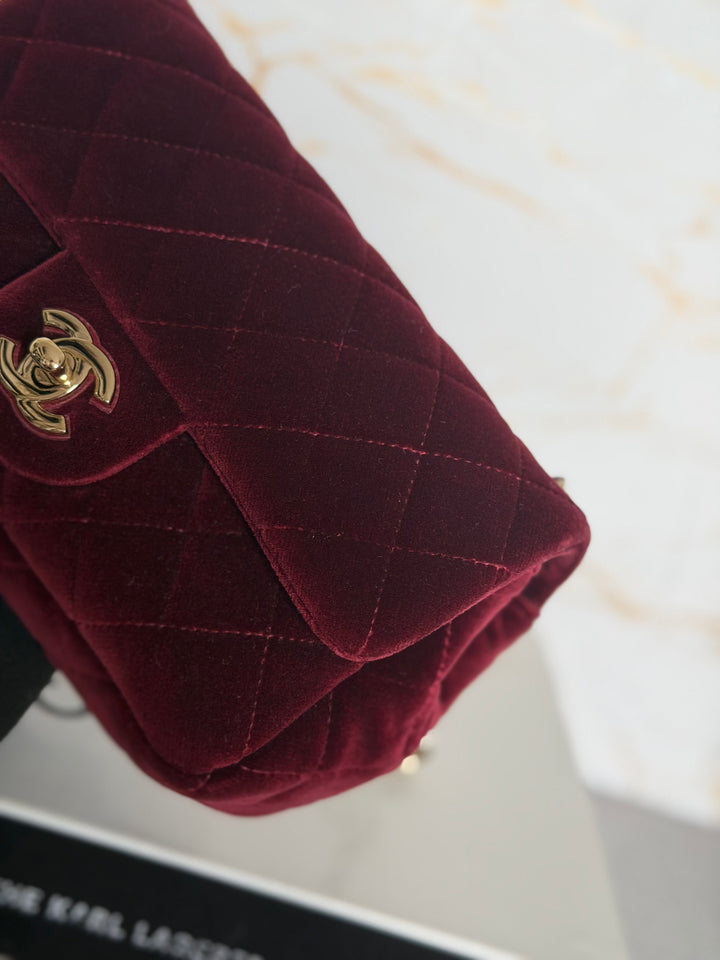 CHANEL series 31 Burgundy Dark Red Velvet Crystal Pearl Crush Adjustable Strap Mini Rectangular Flap Bag 2020/2021