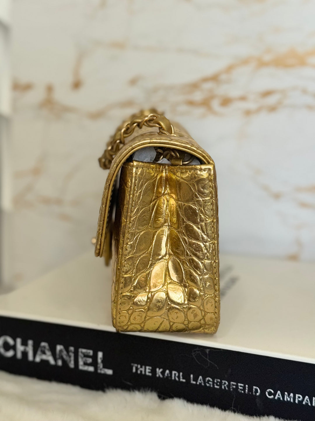 CHANEL series 28 19A Metiers d'Art collection Gold Croc Embossed Calf Skin Mini Rectangular Flap Bag with Aged GHW 2019 RARE