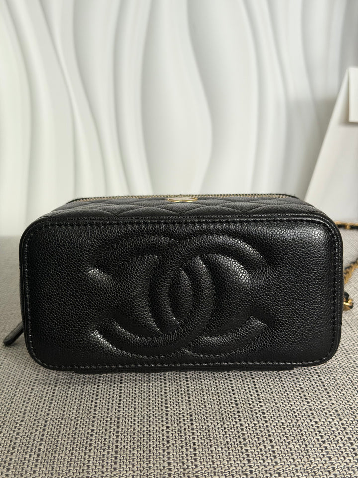 CHANEL Black Caviar Metal Top Handle Small Vanity with Chain 2025 Aged GHW