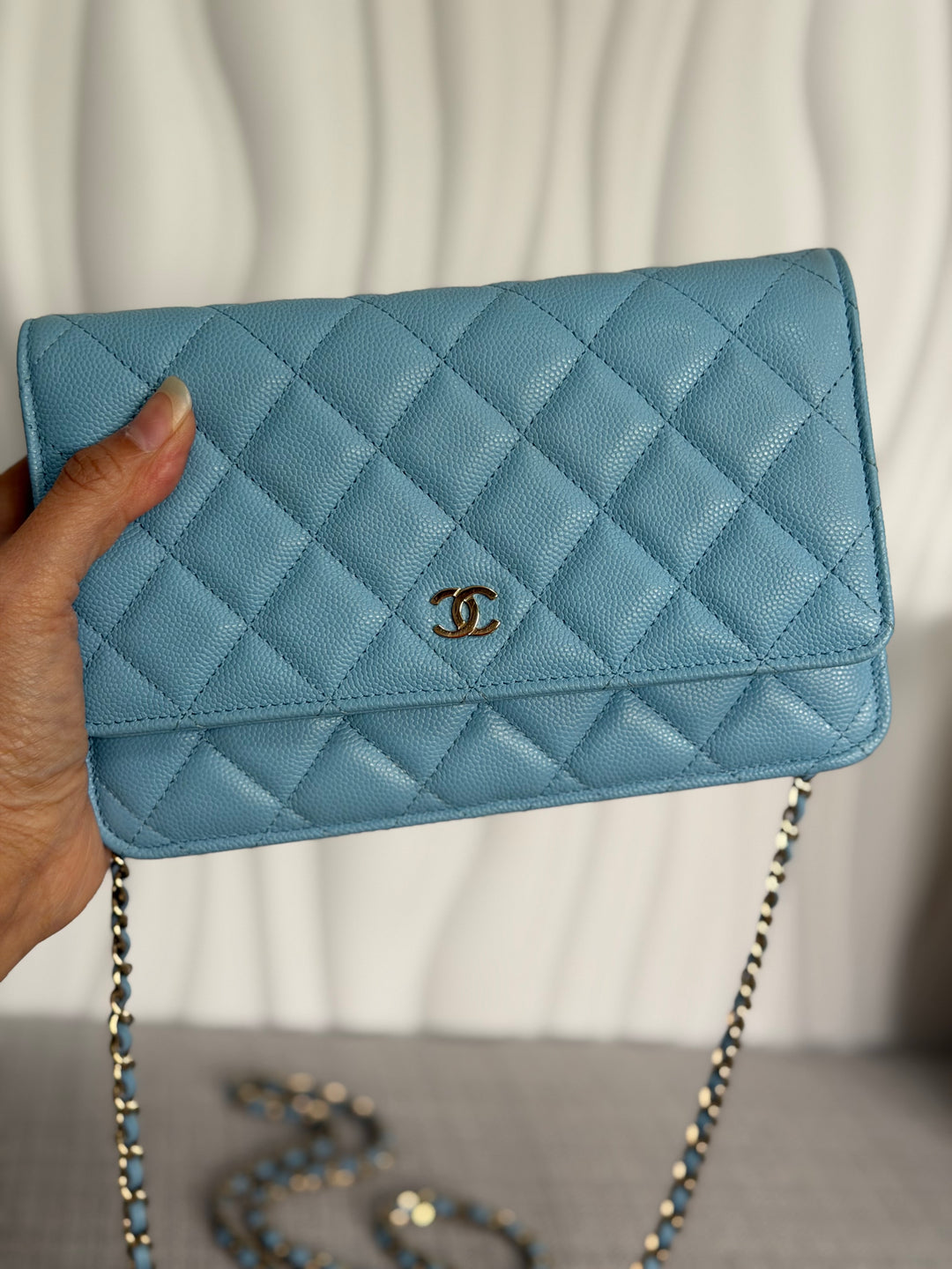 CHANEL 22S Collection 2022 Baby Blue/ Light Blue Caviar LGHW Classic Wallet on chain (WOC)
