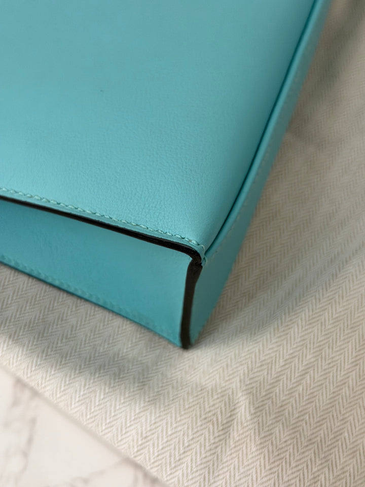 Hermès Kelly Pochette Swift Leather in Bleu Atoll 3P PHW Palladium Hardware Stamp T