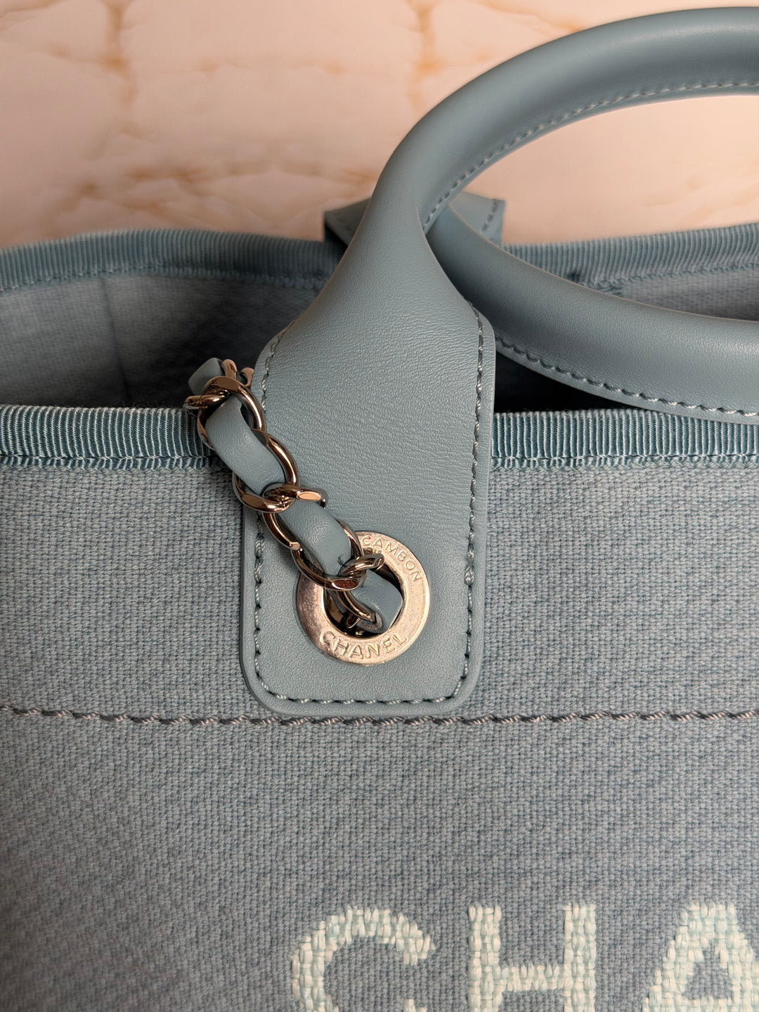 CHANEL Blue Tweed Deauville Tote Bag size SMALL with leather top handle SHW 2022