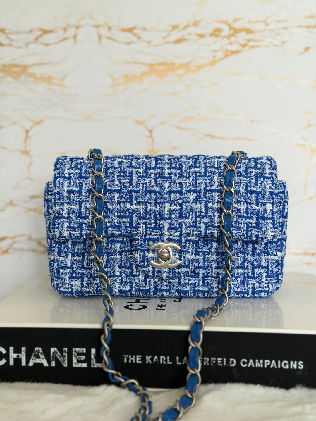 CHANEL 23P Cobalt Blue Muti Coloured Tweed Brushed SHW Mini rectangular flap bag 2023