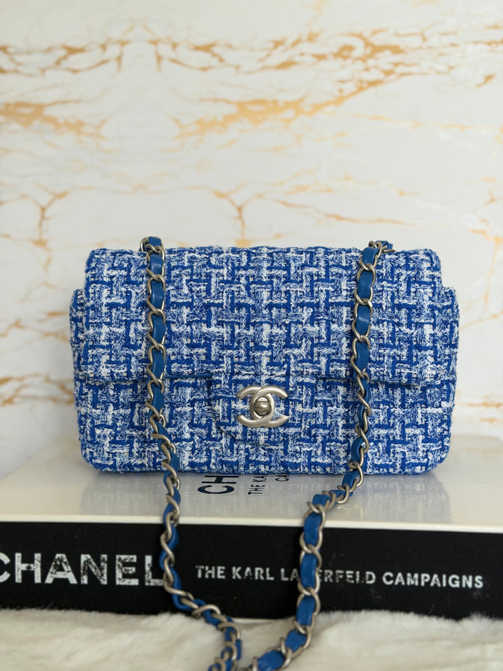 CHANEL 23P Cobalt Blue Muti Coloured Tweed Brushed SHW Mini rectangular flap bag 2023