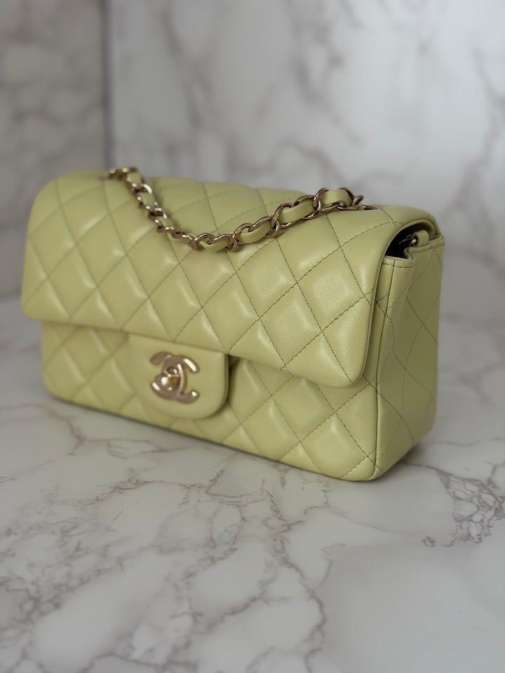 CHANEL 23C Collection 2022/2023 Cruise Pistachio Green Lambskin Mini Rectangular Flap Bag with Champagne GHW