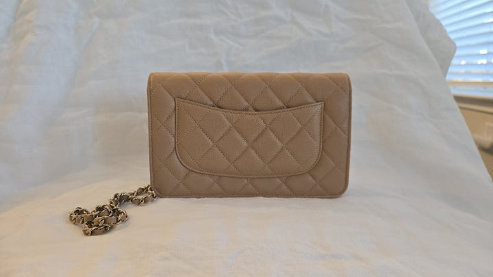CHANEL 23P Caramel Dark Beige Caviar LGHW Classic Wallet On Chain (WOC)