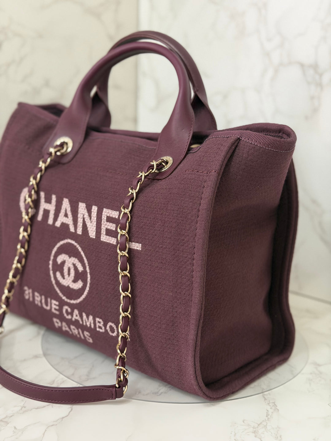 Chanel 24B Collection 2024 Burgundy Tweed Deauville Tote with Leather top handle size small and Detachable pouch