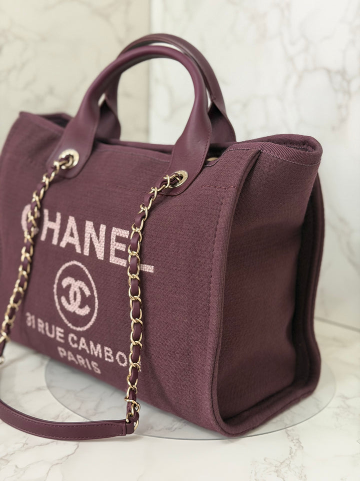 Chanel 24B Collection 2024 Burgundy Tweed Deauville Tote with Leather top handle size small and Detachable pouch