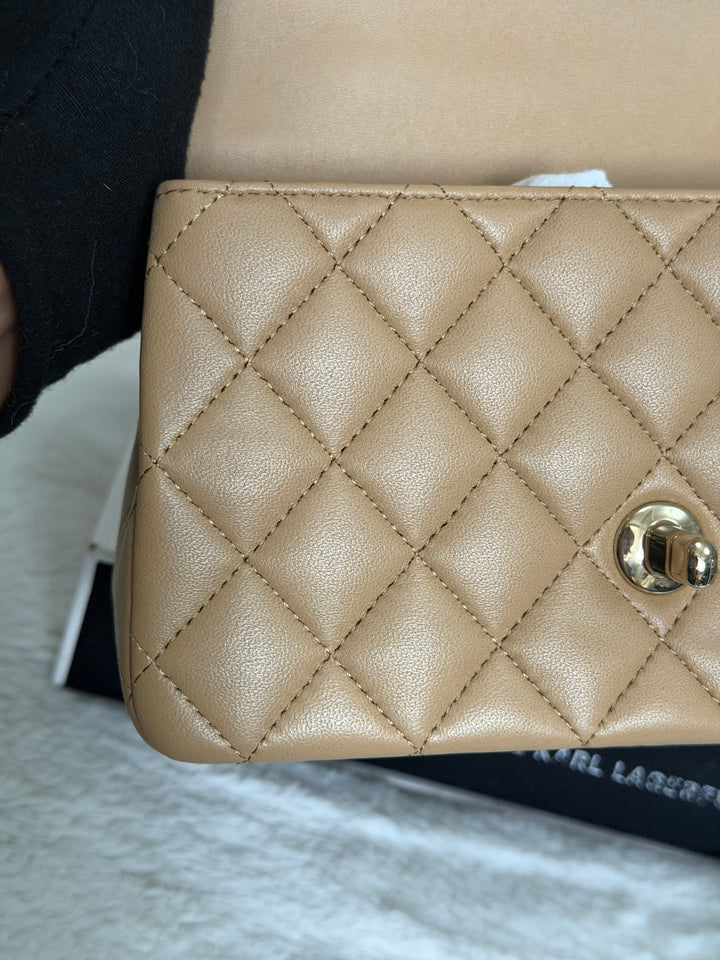 CHANEL Dark Beige Lambskin LGHW Mini Rectangular Flap Bag with Top Handle 2023