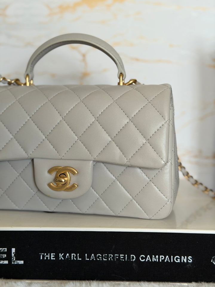 CHANEL Grey Lambskin Aged GHW Top Handle Mini Rectangular Flap Bag 2021 21A collection