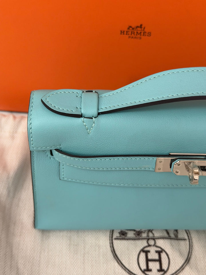 Hermès Kelly Pochette Swift Leather in Bleu Atoll 3P PHW Palladium Hardware Stamp T