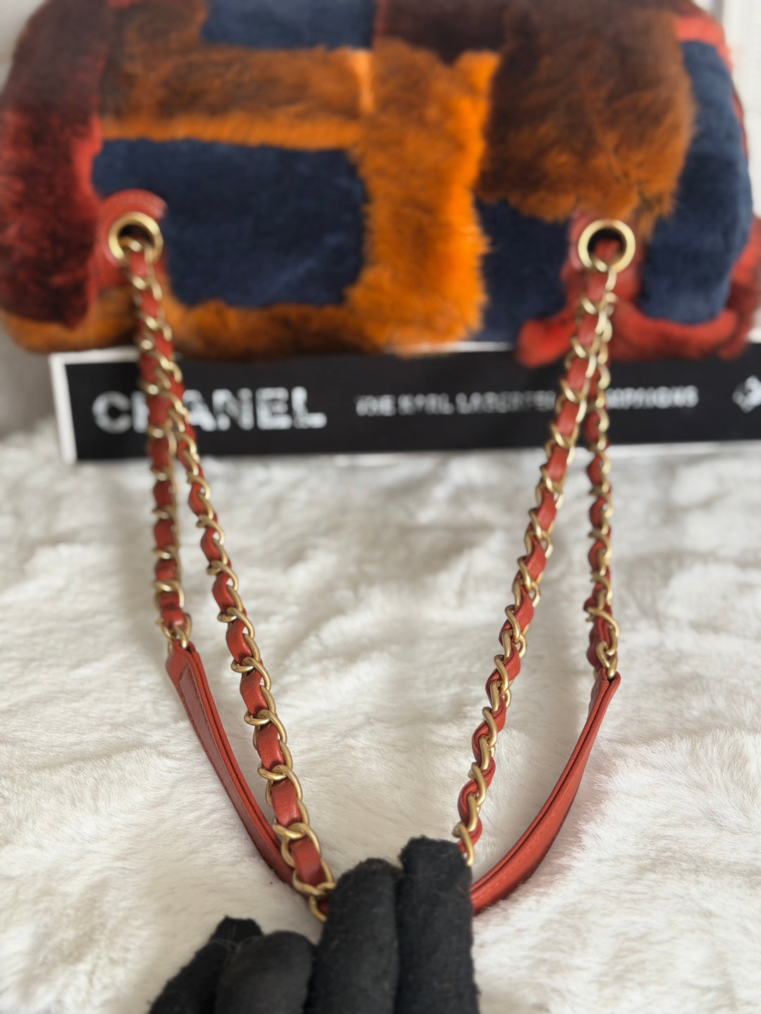 CHANEL series 28 Orylag Red Orange Navy Fur Flap Bag with GHW Medium Single Flap Bag 2018