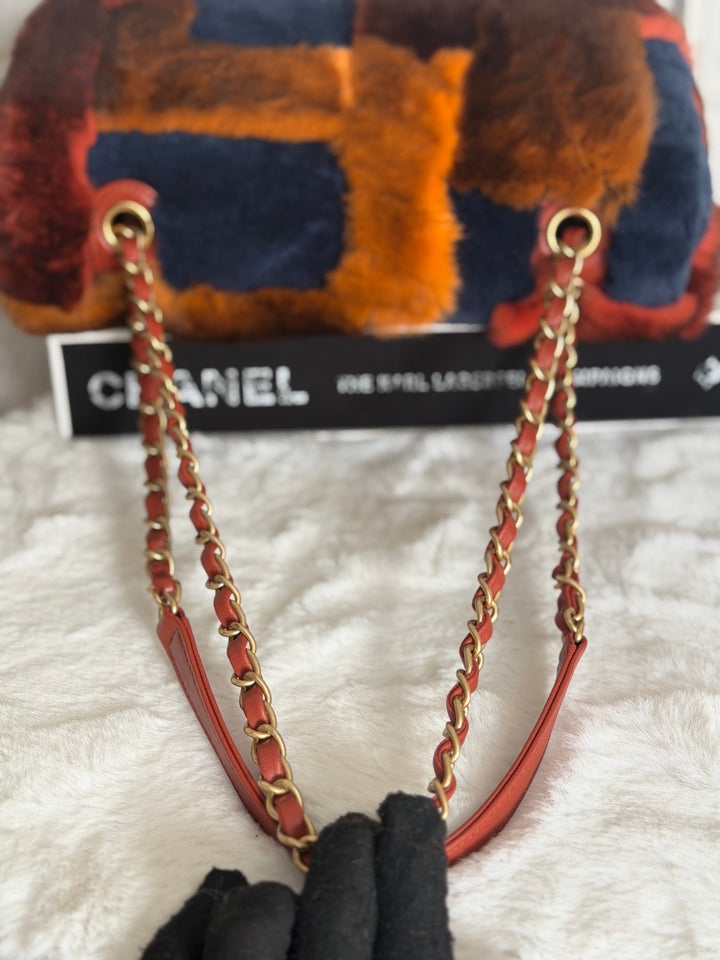 CHANEL series 28 Orylag Red Orange Navy Fur Flap Bag with GHW Medium Single Flap Bag 2018