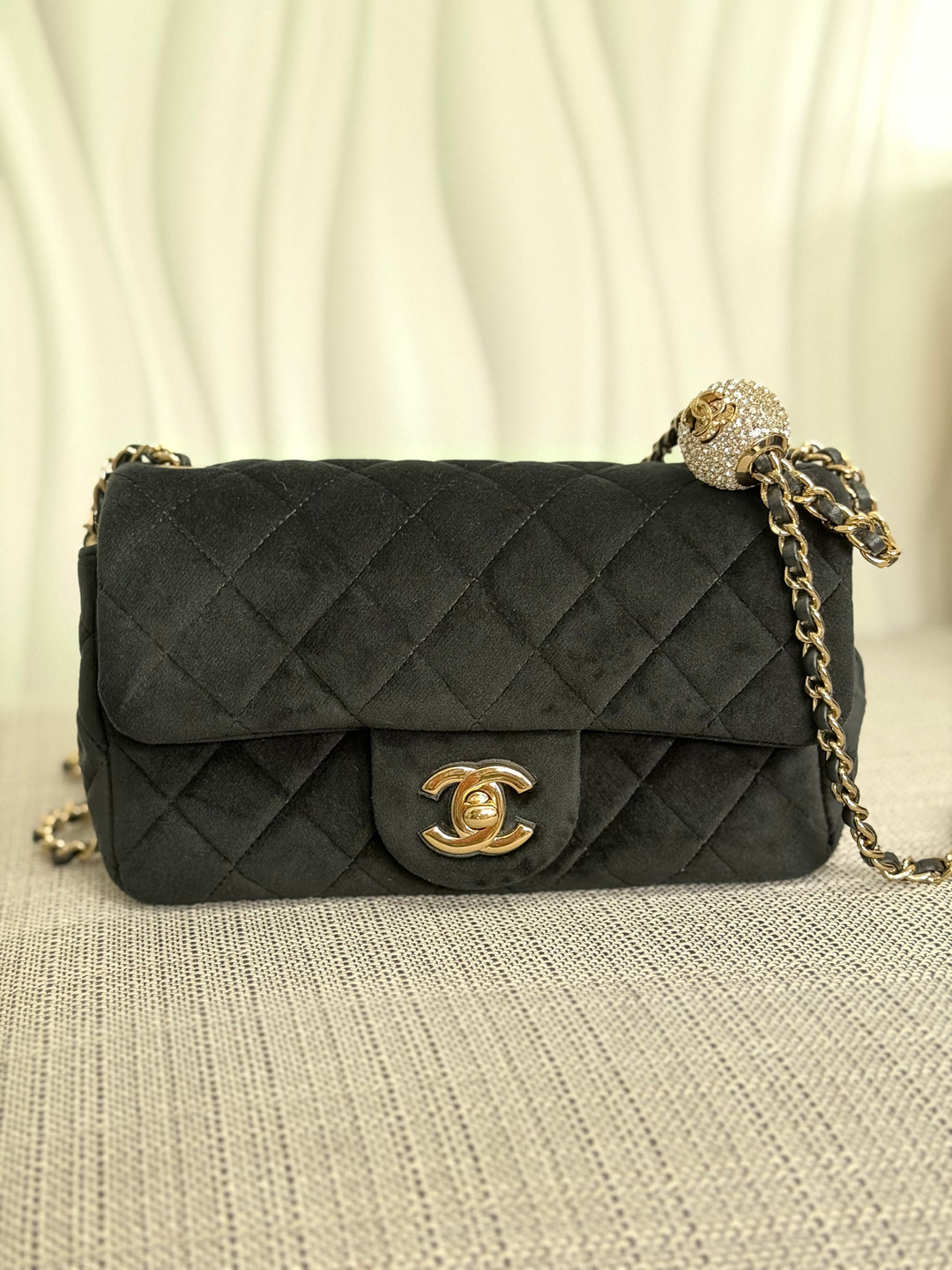 CHANEL series 30 2020 20K collection Black Velvet Crystal Pearl Crush Adjustable Strap LGHW Mini Rectangular Flap Bag