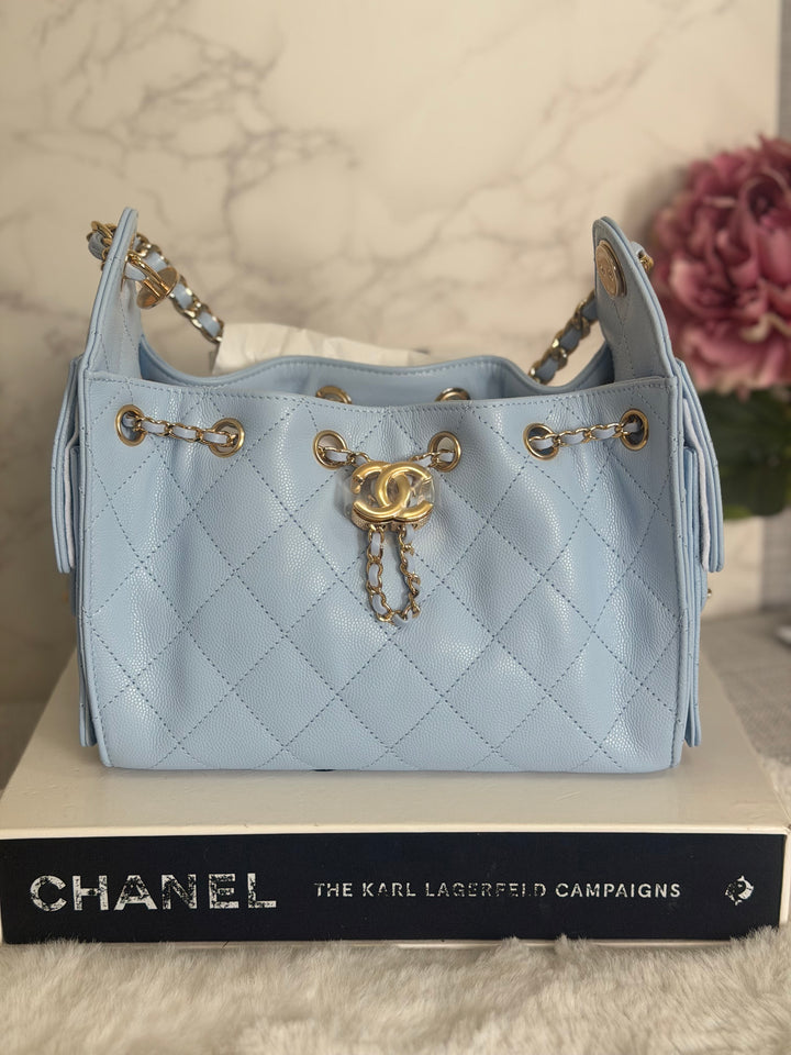 CHANEL 26B Light Sky Blue Caviar shiny GHW 25 Mini Hobo Bag 2026