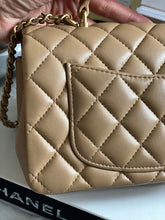 Load image into Gallery viewer, Chanel 22B 2022 Fall/Winter collection Dark Beige Lambskin Top Handle with gold metal plate and antique GHW Mini Rectangular Flap bag
