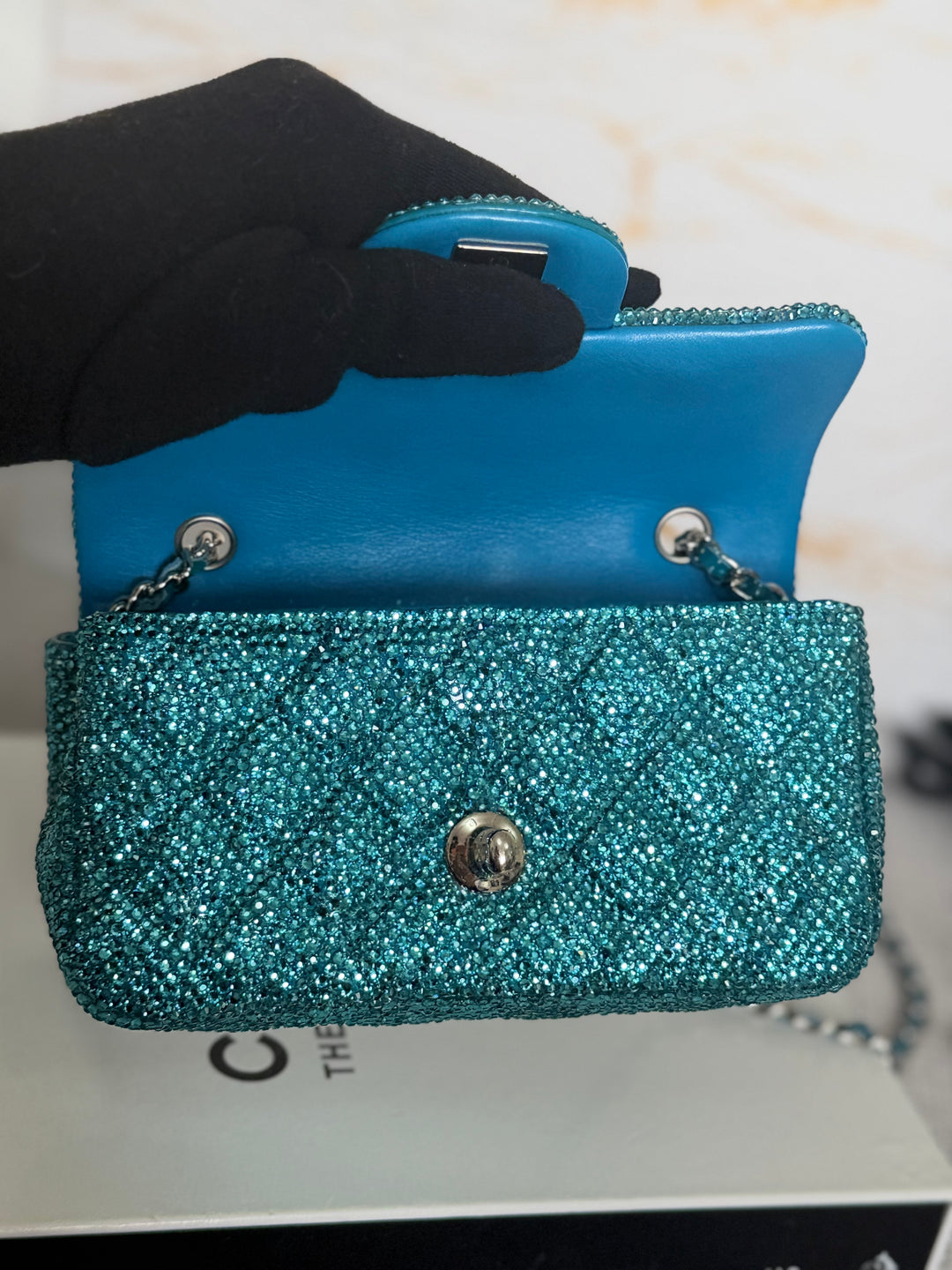CHANEL series 21 Turquoise Teal Green Blue Diamanté Swarovski Crystal Strasssd Extra Mini Flap Bag with SHW *unicorn* RARE