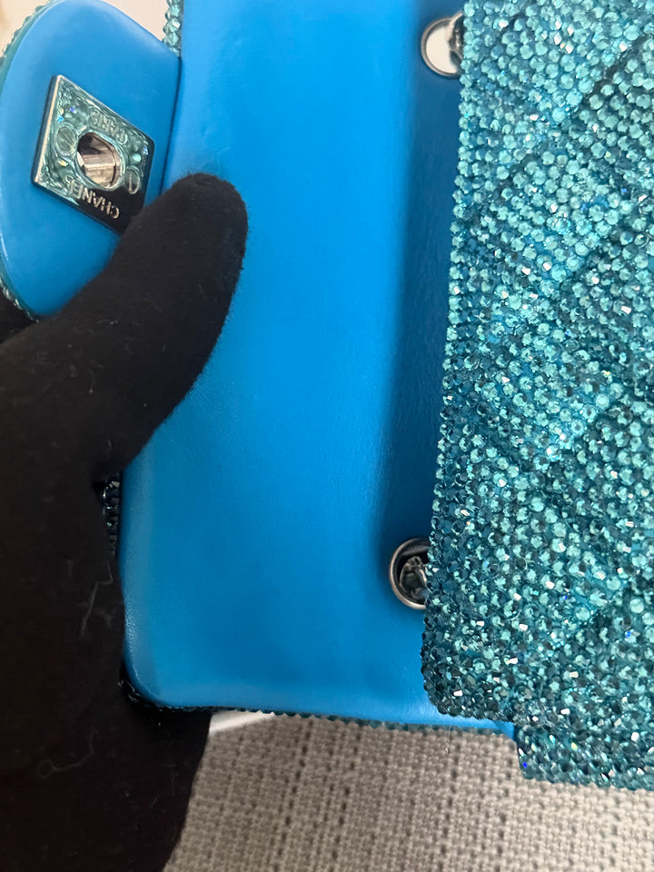 CHANEL series 21 Turquoise Teal Green Blue Diamanté Swarovski Crystal Strasssd Extra Mini Flap Bag with SHW *unicorn* RARE