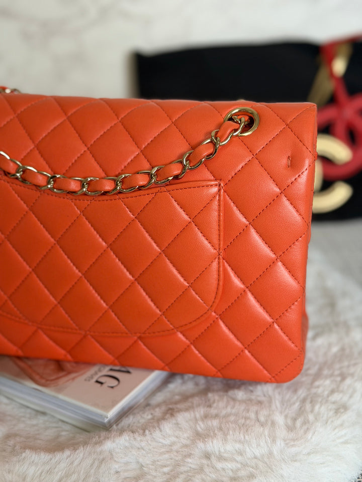 CHANEL 20S Orange Lambskin LGHW Medium ML Timeless Classic Double Flap Bag