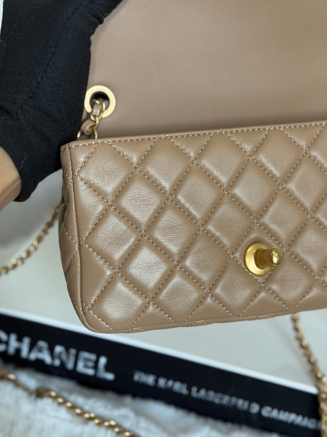CHANEL 22B Taupe Dark Beige Lambskin Aged GHW Pearl Crush Adjustable Chain Mini Rectangular Flap Bag 2022